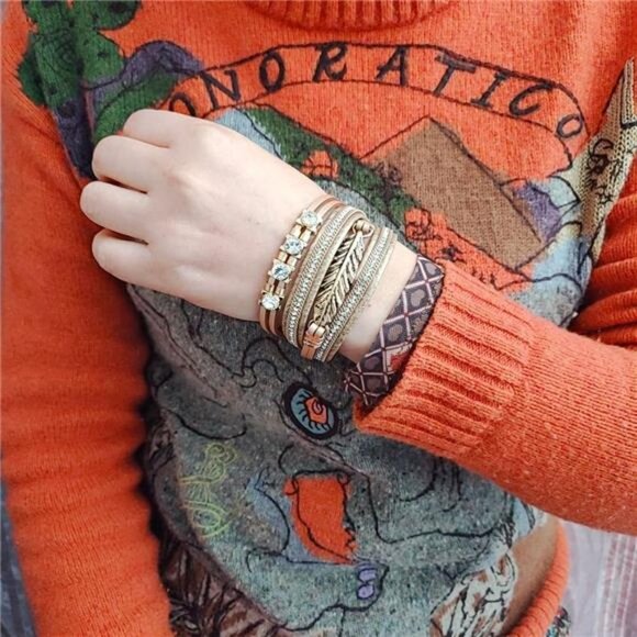 Leather Cuff Bracelet Feather Multi Strand Bracelet Wrap - Picture 4 of 6